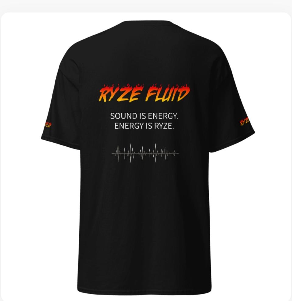 Maglietta ufficiale RyzeFluid, retro, scritta RYZE FLUID e waveform